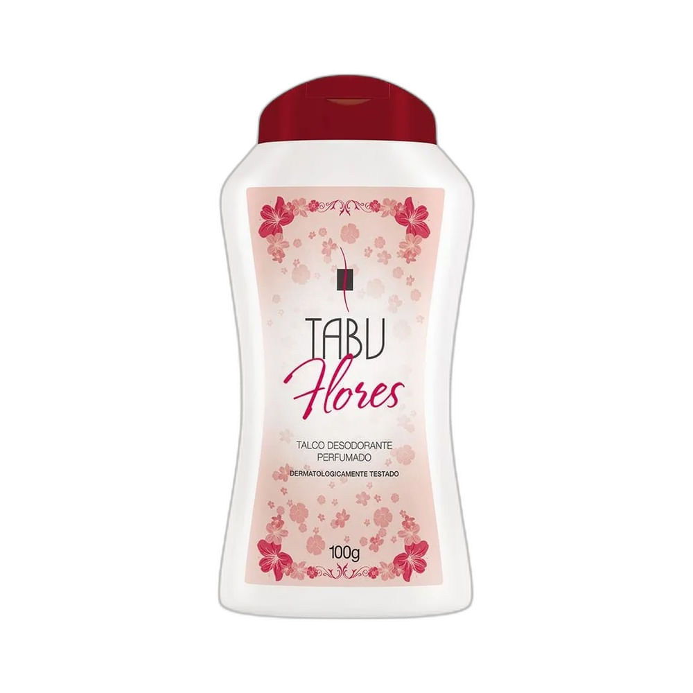 Frasco branco de talco desodorante perfumado Tabu Flores com tampa vermelha, 100g